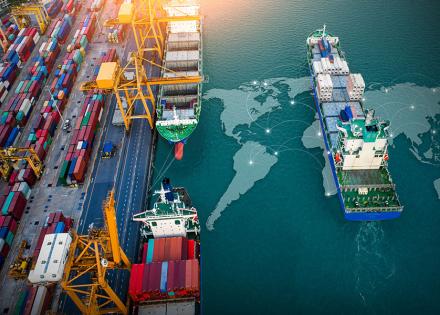 Cargo ship leaving a port