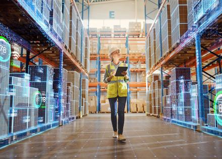 Woman walking through warehouse using technology