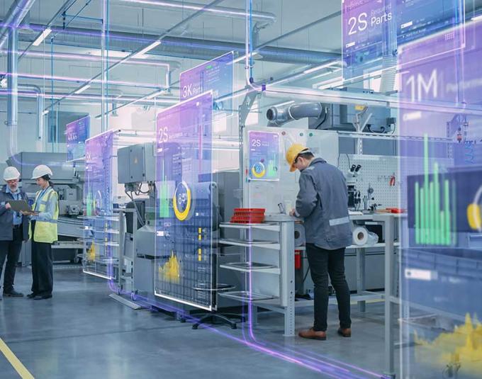 Workers on production line with smart data points exposed